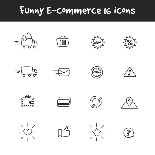 Conjunto de 16 iconos de comercio electrónico en blanco y negro. Tienda online colección de símbolos — Vector de stock