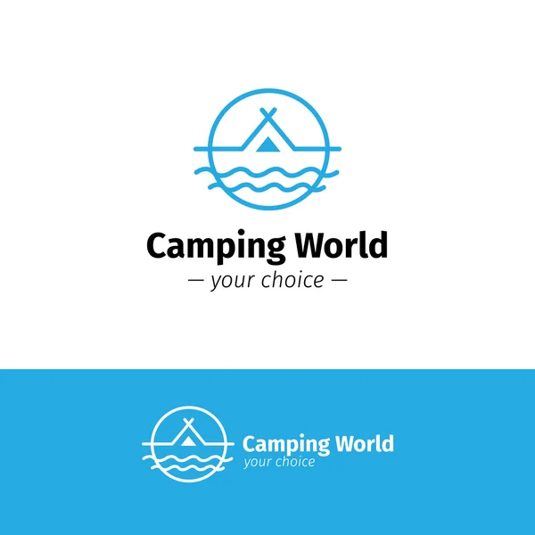Esquema vectorial logo camping. Tienda de campaña en un logotipo hipster río — Vector de stock