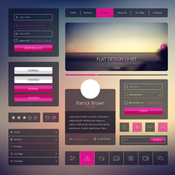 Web öğeleri düz stil vektör ayarlayın. Modaya uygun Web sitesi tasarımı. Simgeler ve modern arka plan bulanık ile UI kit.