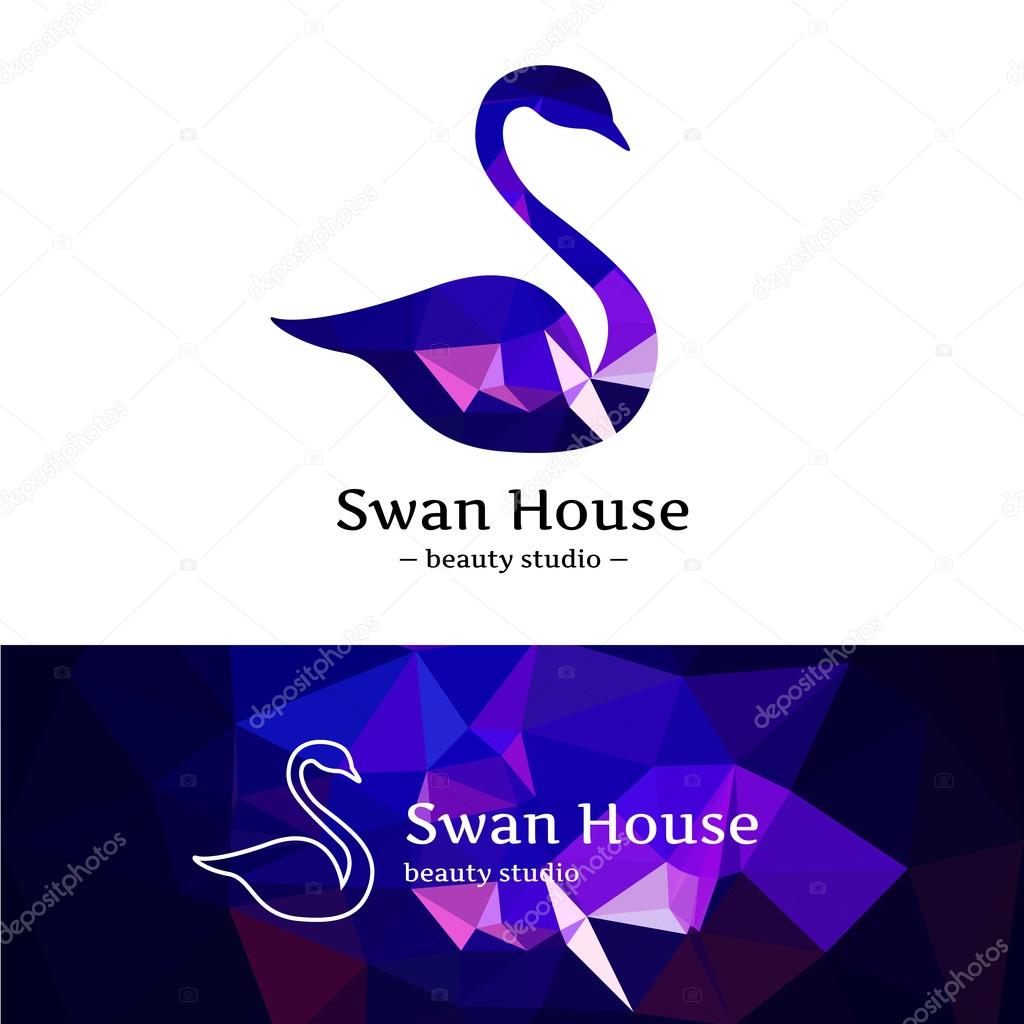 Vector low poly swan logo. Beautiful diamond style logotype with polygonal background