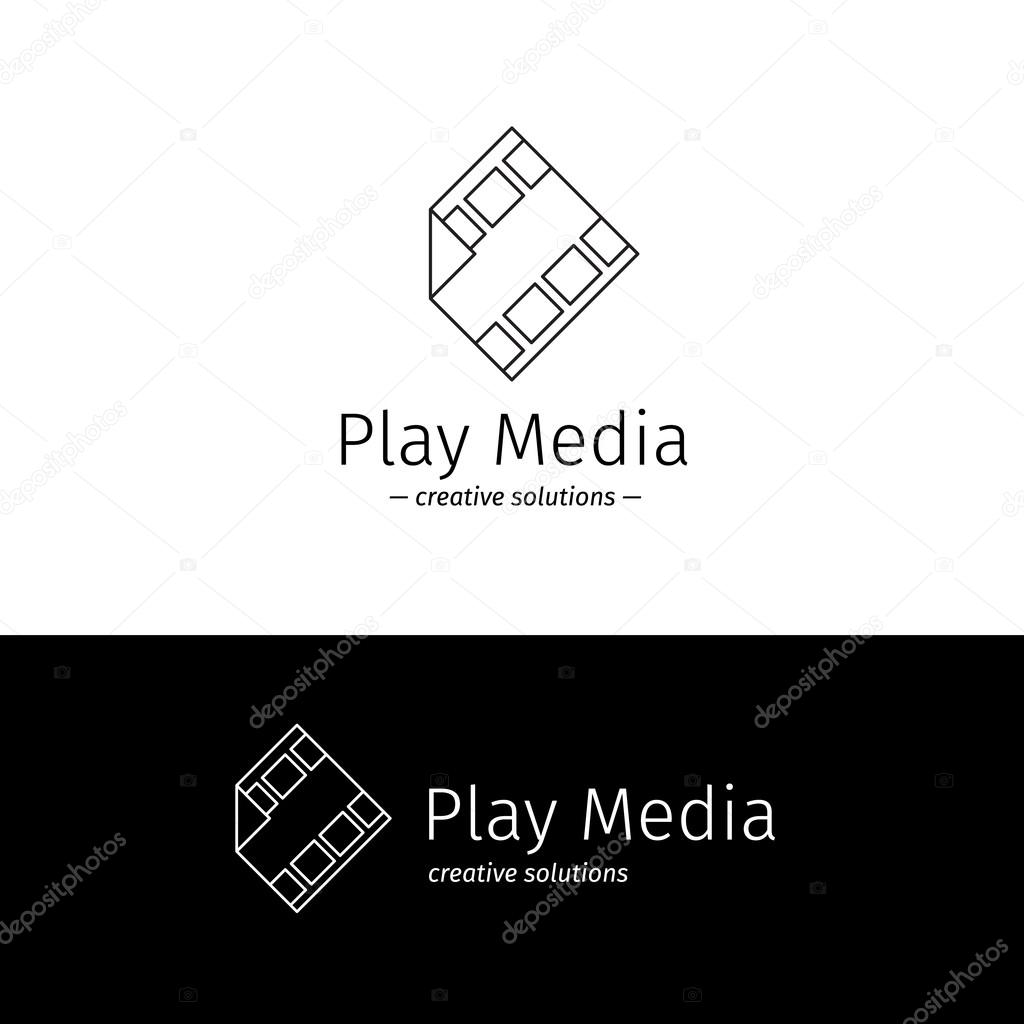 Vector trendy outline film logo with play sign. Media business minimalistic logotype