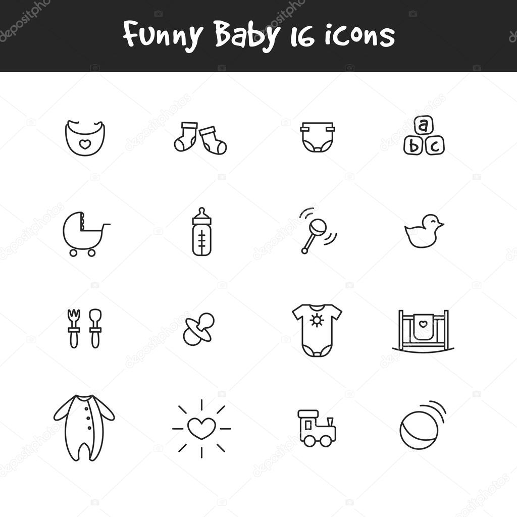 Vector outline black and white 16 baby icons set. Newborn theme symbols collection