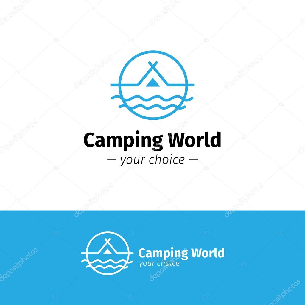 Vector outline camping logo. Tent on a river hipster logotype