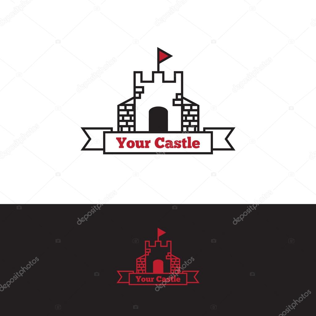 Vector outline castle with red flag logo. Stronghold logotype.
