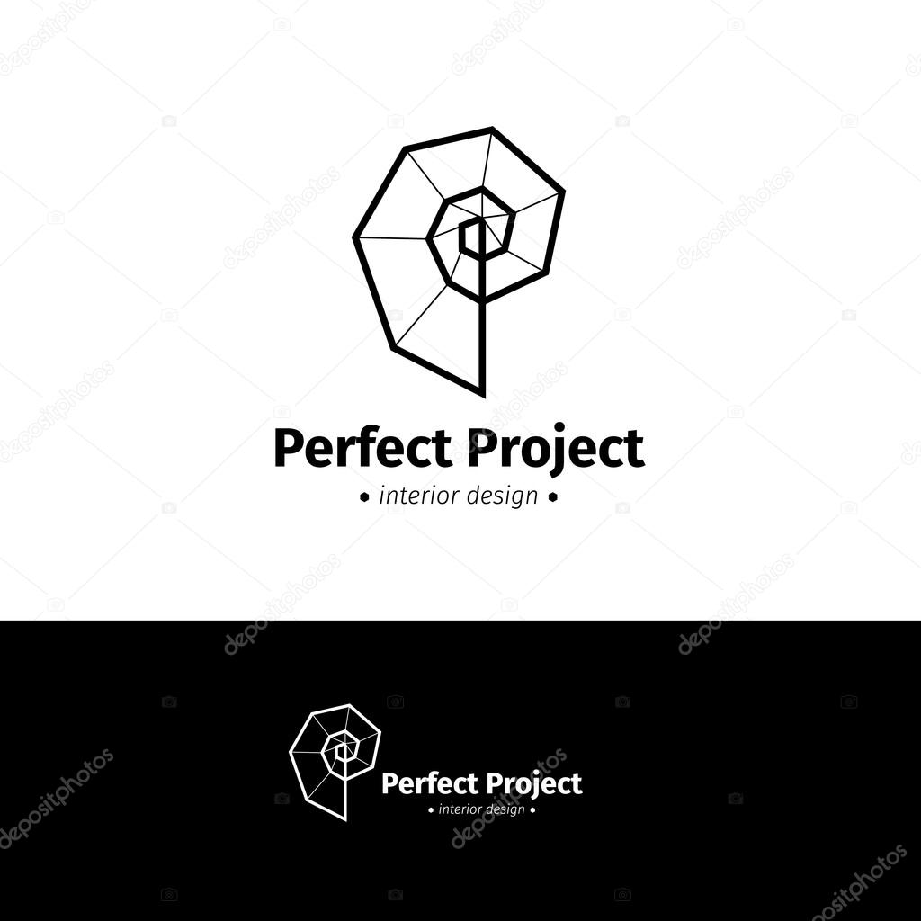 Vector modern minimalistic interior design logo. Black and white creative spiral logotype