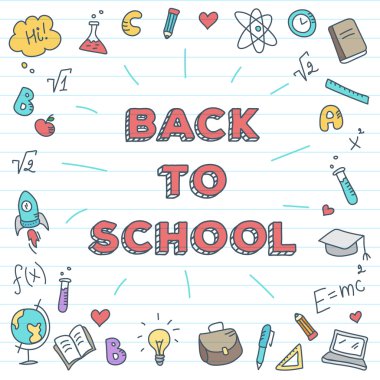 Başa okul illüstrasyon vektör. Parlak çalışma poster doodle simgeler ile