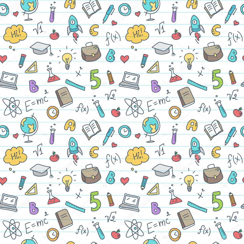 Vector hand drawn study accessories seamless pattern. Cute back to school colorful background