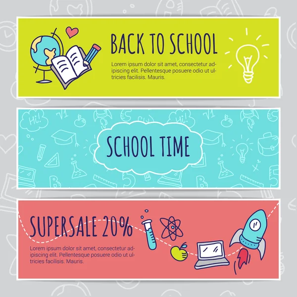 Vector education concept with hand drawn elements. Cute back to school sale colorful banners — Stock Vector