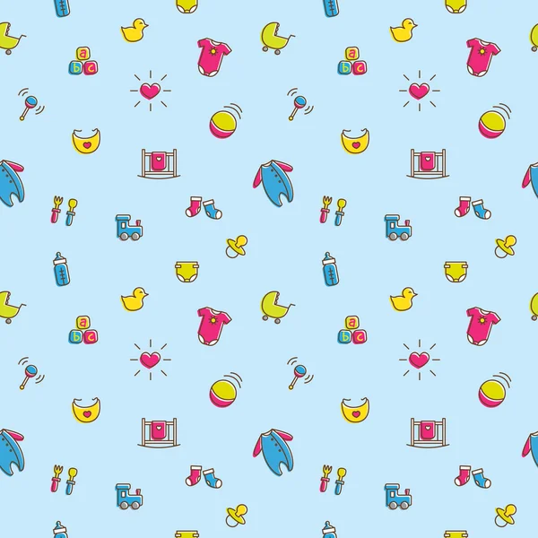 Vector colorful baby and pregnancy seamless pattern in cartoon style. Newborn boy theme bright background — Stockvector