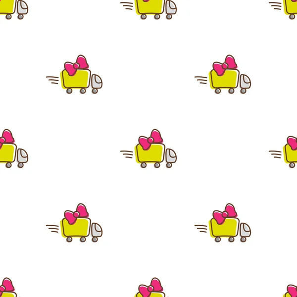 Vector truck icons seamless pattern. Funny gift delivery background — ストックベクタ