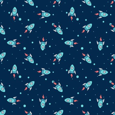 Vector doodle style hand drawn rockets in space seamless pattern