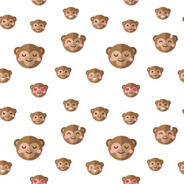 Vector flat cartoon monkey heads with different emotions seamless pattern. Chimp emoticons background.