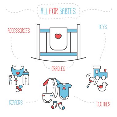 Vector baby goods illustration. Trendy line style newborn design elements.
