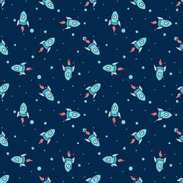 Vector doodle style hand drawn rockets in space seamless pattern