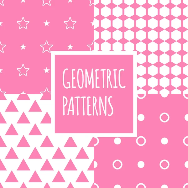 Vector geometric pink seamless patterns set. Baby shower girl backgrounds — Stock Vector