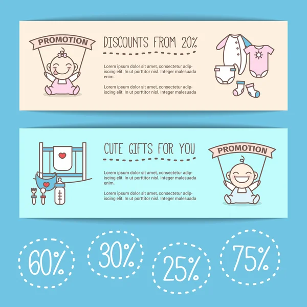 Affiches de vente de produits vectoriels pour bébés. Enfants magasins bannières discount . — Image vectorielle