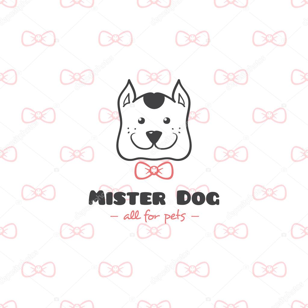 Vector funny cartoon style pet shop logo. Hand drawn doodle dog head logotype