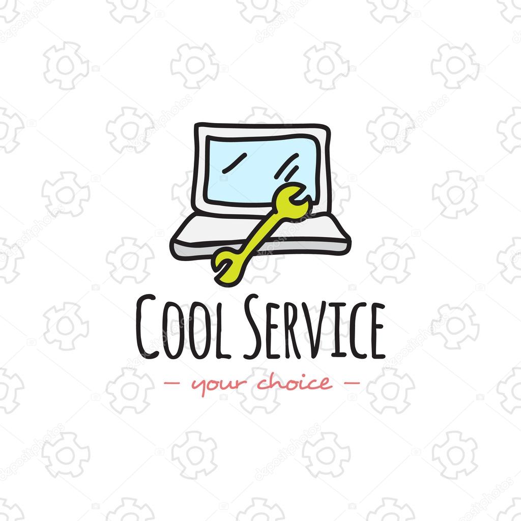Vector funny cartoon style computer service logo. Hand drawn doodle laptop logotype with cogs seamless pattern
