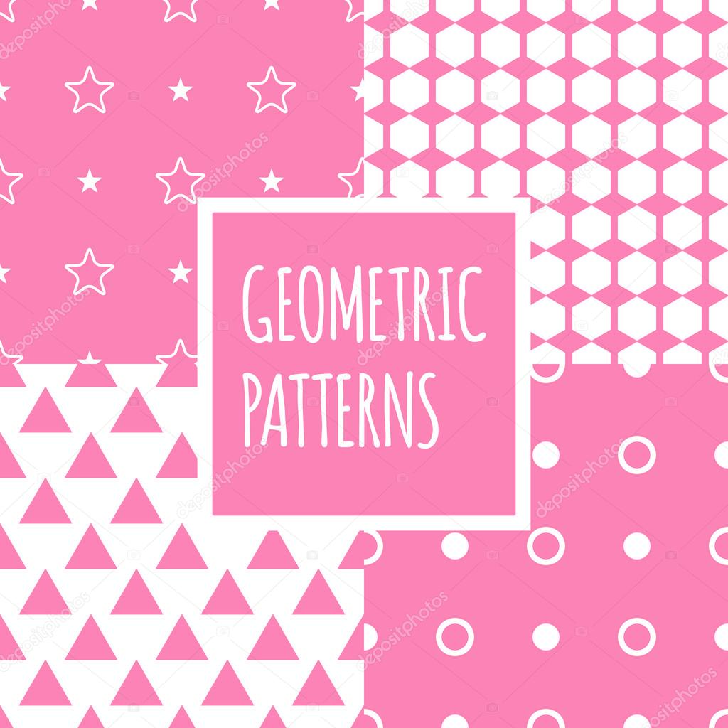Vector geometric pink seamless patterns set. Baby shower girl backgrounds