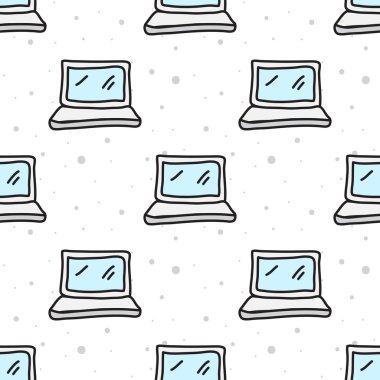 Vector cartoon style computer seamless pattern. Hand drawn doodle laptop background.