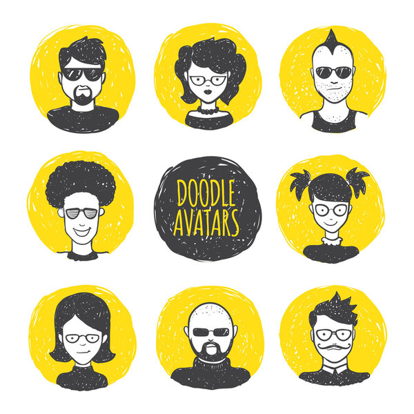 Vector user avatars in trendy hand drawn doodle style. Eight human faces on yellow circles.