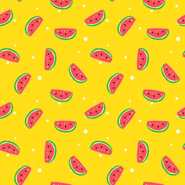 Vector funny seamless pattern in trendy hand drawn doodle style. Cute simple watermelon background with dots.
