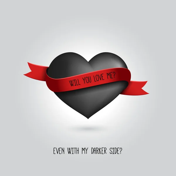 Coeur vectoriel noir avec ruban rouge et citation d'amour. Concept de design amour — Image vectorielle