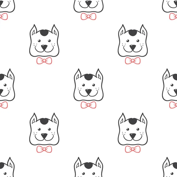 Vector cartoon style dog in bow tie seamless pattern. Cute animal background. — Stok Vektör