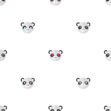 Vektör düz çizgi film panda kafaları farklı duygular seamless modeli ile. Hayvan emoticons arka plan.
