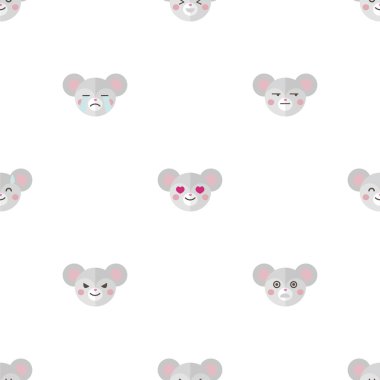 Vektör düz çizgi film fare kafaları farklı duygular seamless modeli ile. Hayvan emoticons arka plan.