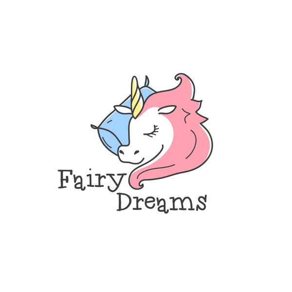 Vector cute logo. Cartoon sleeping unicorn logotype. Bed-clothes store sign. — Stock Vector