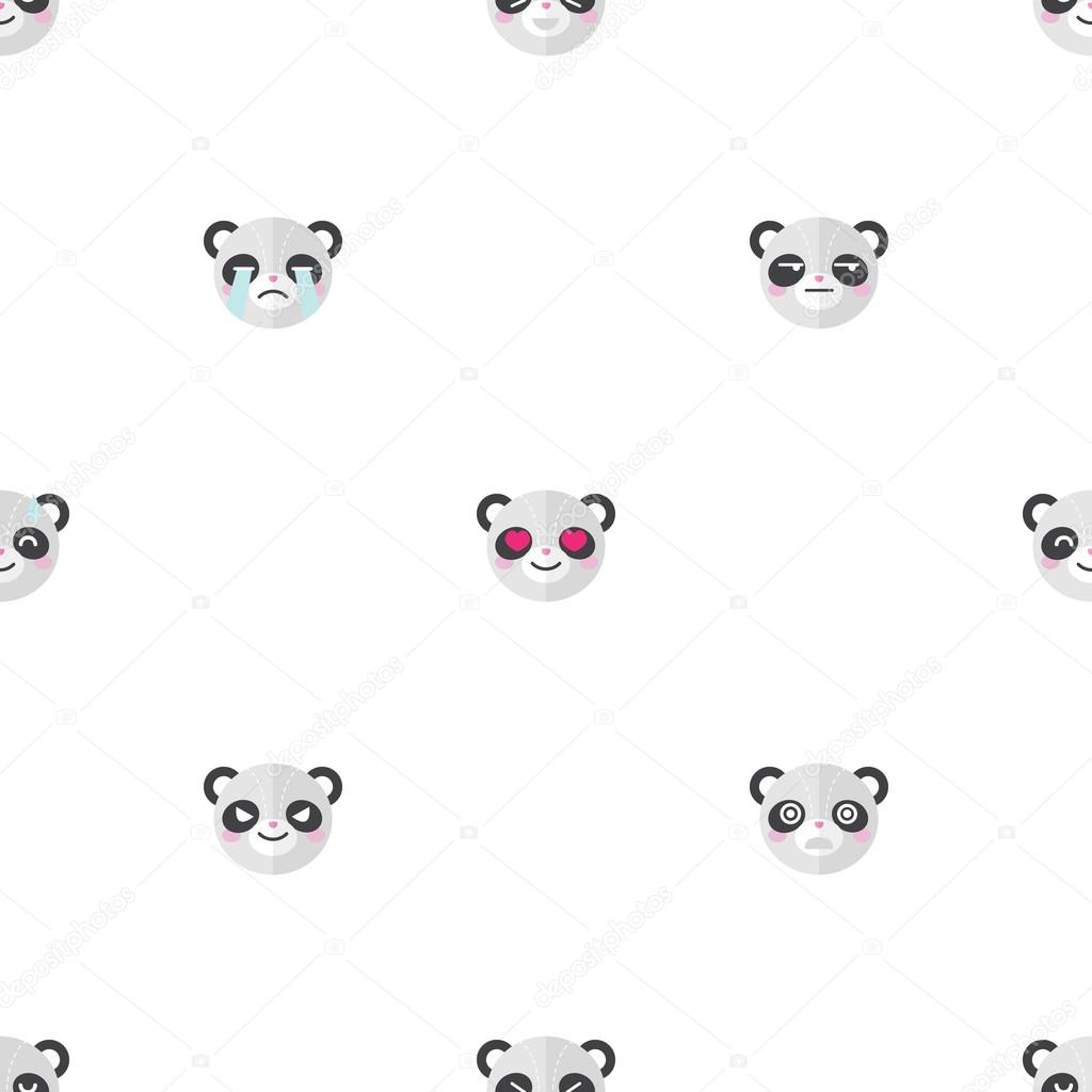 Vector flat cartoon panda heads with different emotions seamless pattern. Animal emoticons background.