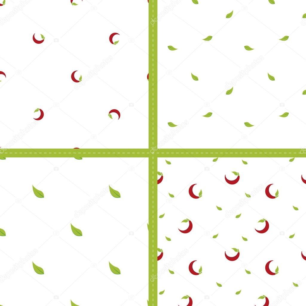 Four simple vector chili pepper and leaves seamless patterns