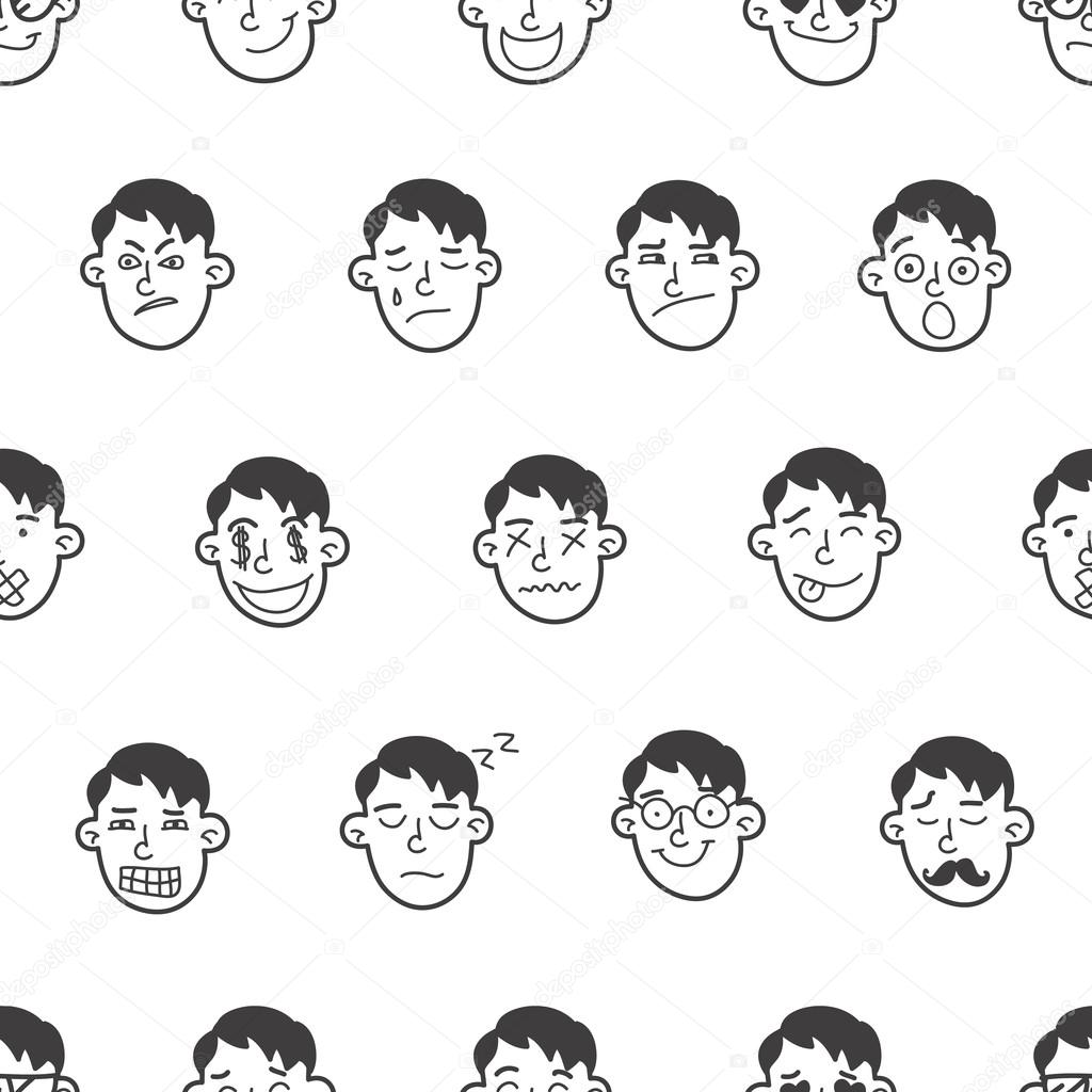 Vector cute doodle boy heads seamless pattern. Emoticons background.