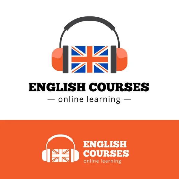 Vector Inglês cursos logotipo conceito com bandeira britânica e fones de ouvido —  Vetores de Stock