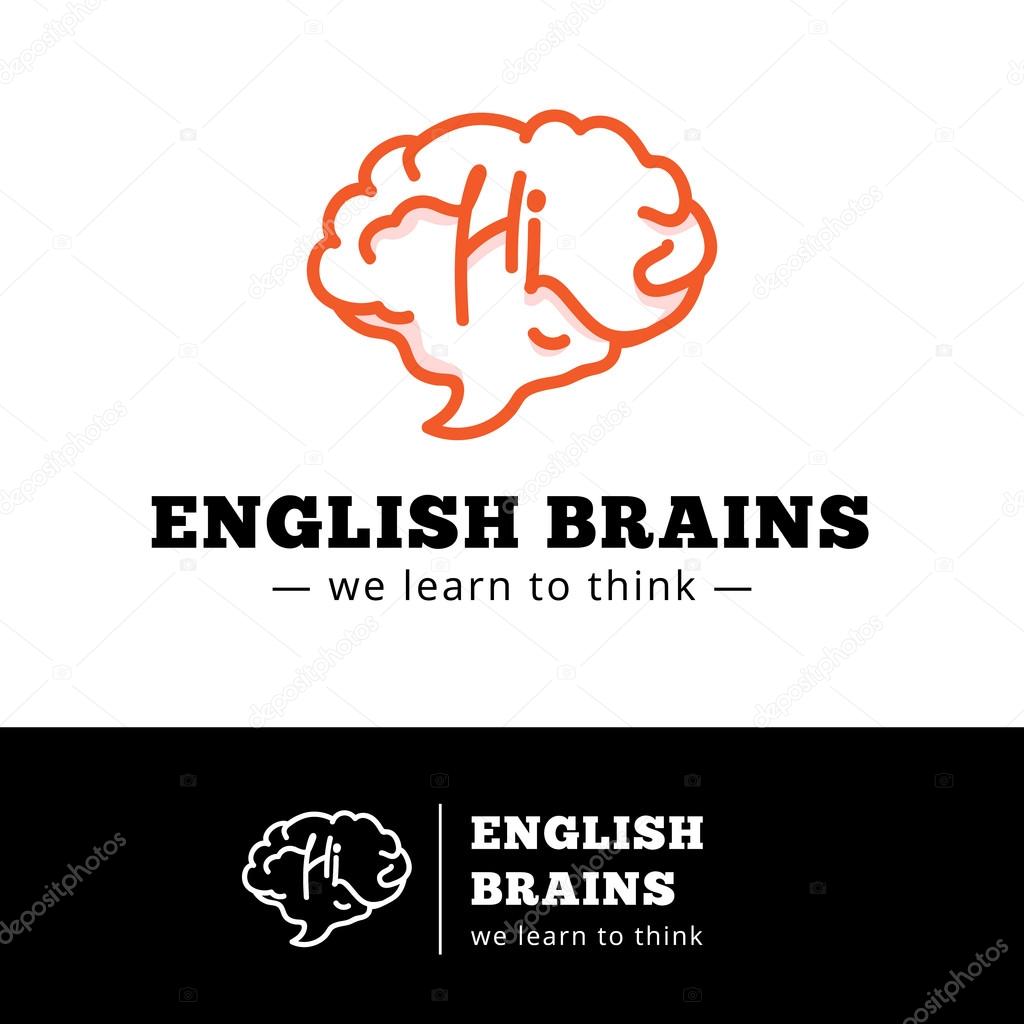 Vector english courses logo concept. Brain as a talking bubble logotype. English school symbol