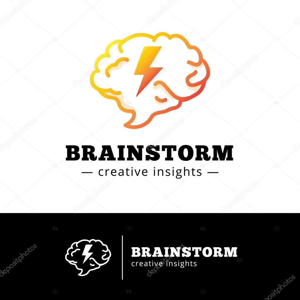 Vector brain with lightning logo concept. Creative orange gradient brainstorming logotype