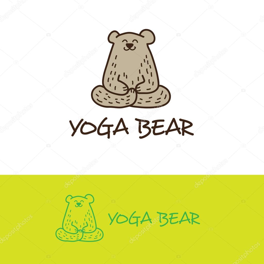 Vector cartoon style bear in yoga pose logo. Cute logotype