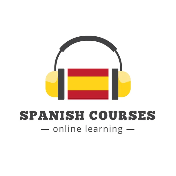 Concepto de logo de cursos de español vectorial con bandera y auriculares — Archivo Imágenes Vectoriales