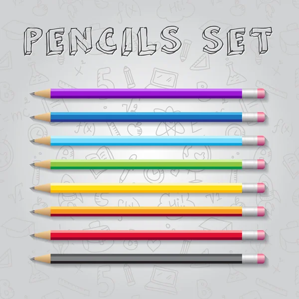 Vector arco iris colores lápices colección con doodle patrón sin costuras como fondo — Vector de stock