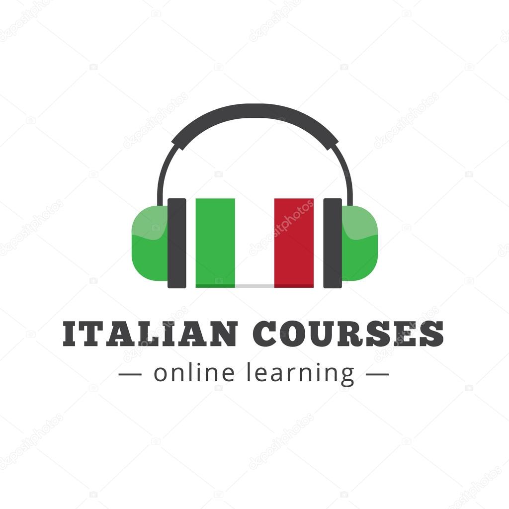 Vector italian courses logo concept with flag and headphones. Italian school logotype