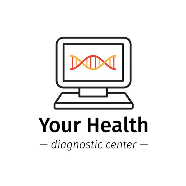 Vector trendy line style medical center logo. Diagnostic logotype. Computer with DNA on screen symbol. — Stock Vector