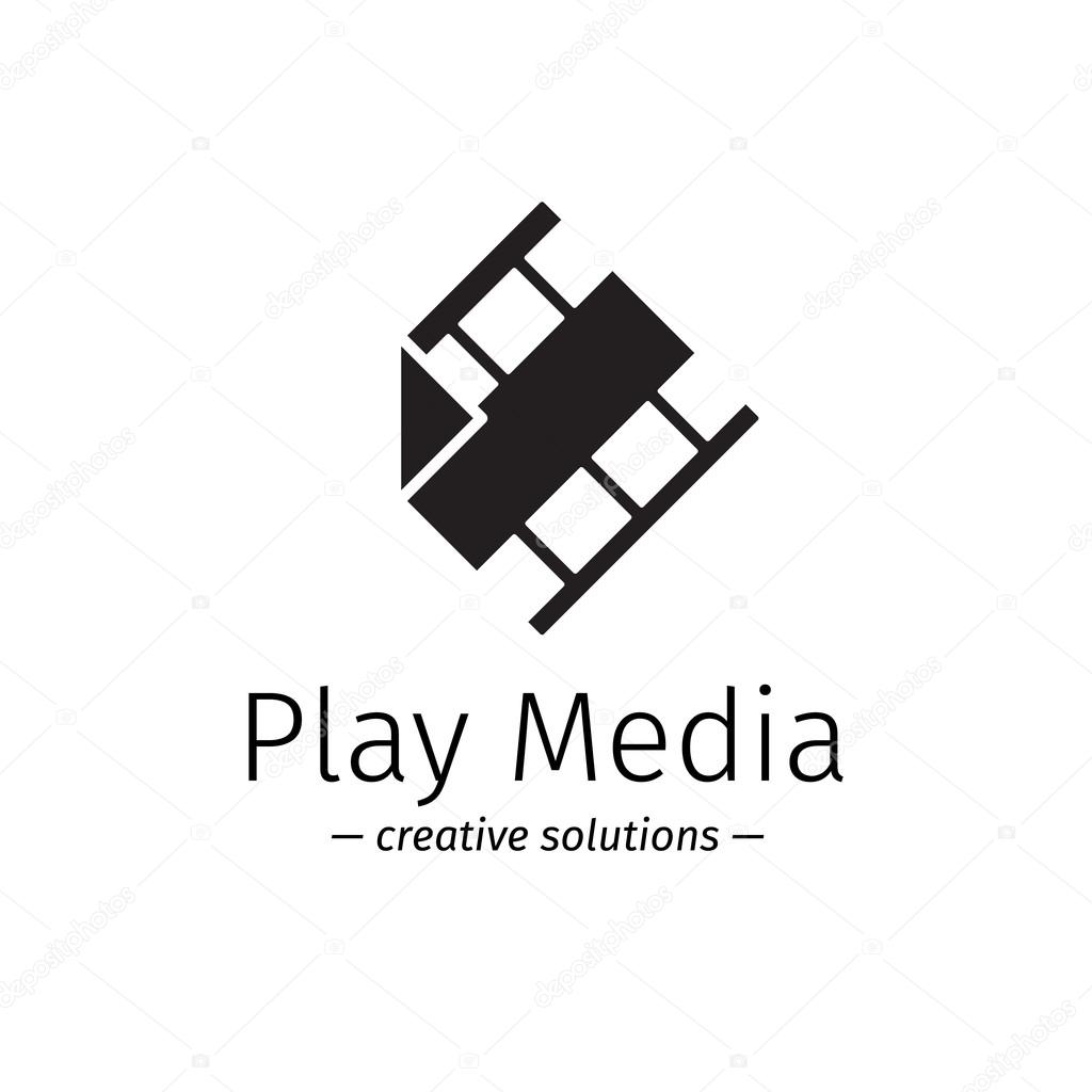 Vector black and white film logo with play sign. Media business minimalistic logotype