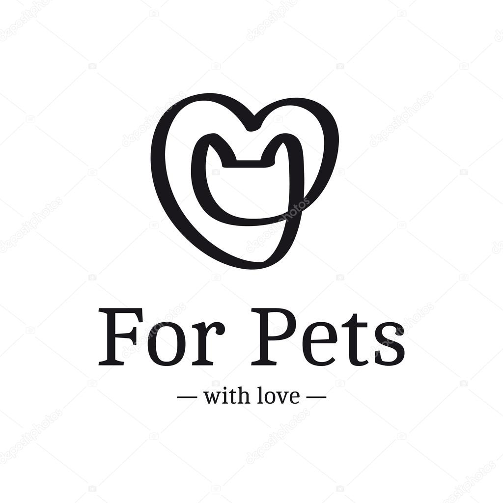 Vector modern black ribbon logo. Cat head in the heart logotype.