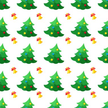 Vektör modern düz yeni yıl seamless modeli ağaç ve bell ile