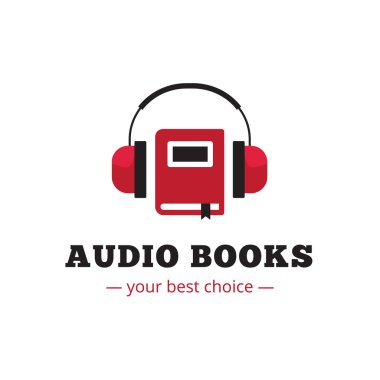 Vektör modern radyo sinyalleriyle iletilen kitap logo saklayın. Kırmızı kitap ve kulaklık logo.
