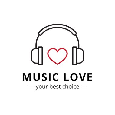 Vector trendy line style music store logo. Headphones and heart logotype. clipart