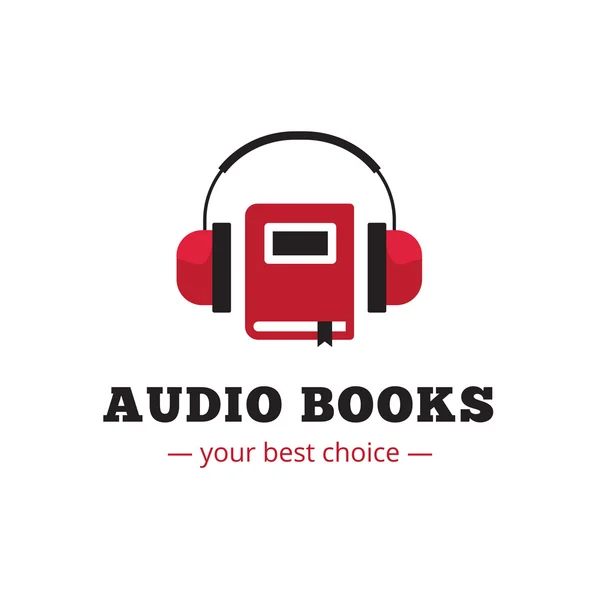 Vector moderno logotipo de la tienda de libros de audio. Logo Libro rojo y auriculares . — Vector de stock