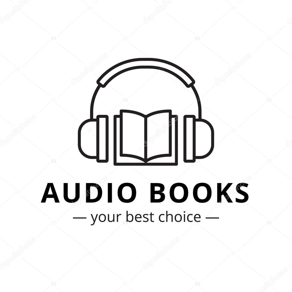 Vector modern audio books store logo. Line style book and headphones logotype.
