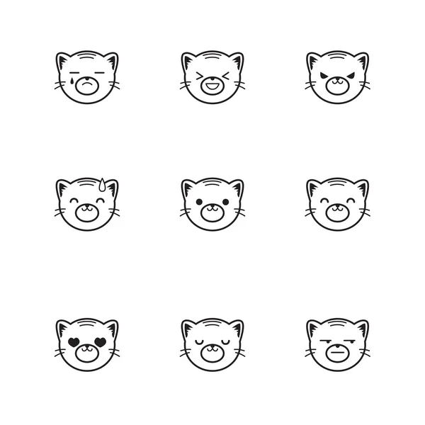 Vector trendy line style set of funny cartoon tiger faces — Stock Vector